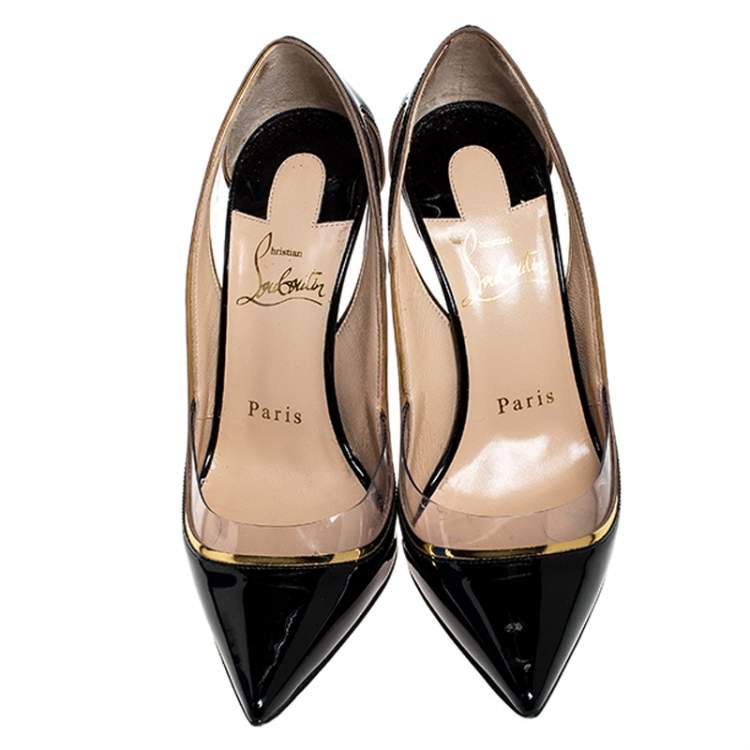 Pre Owned Christian Louboutin Black Patent Leather And PVC Cosmo Pointed Toe Pumps Size 35