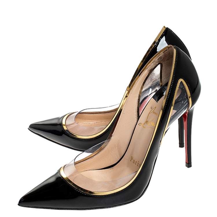 Pre Owned Christian Louboutin Black Patent Leather And PVC Cosmo Pointed Toe Pumps Size 35