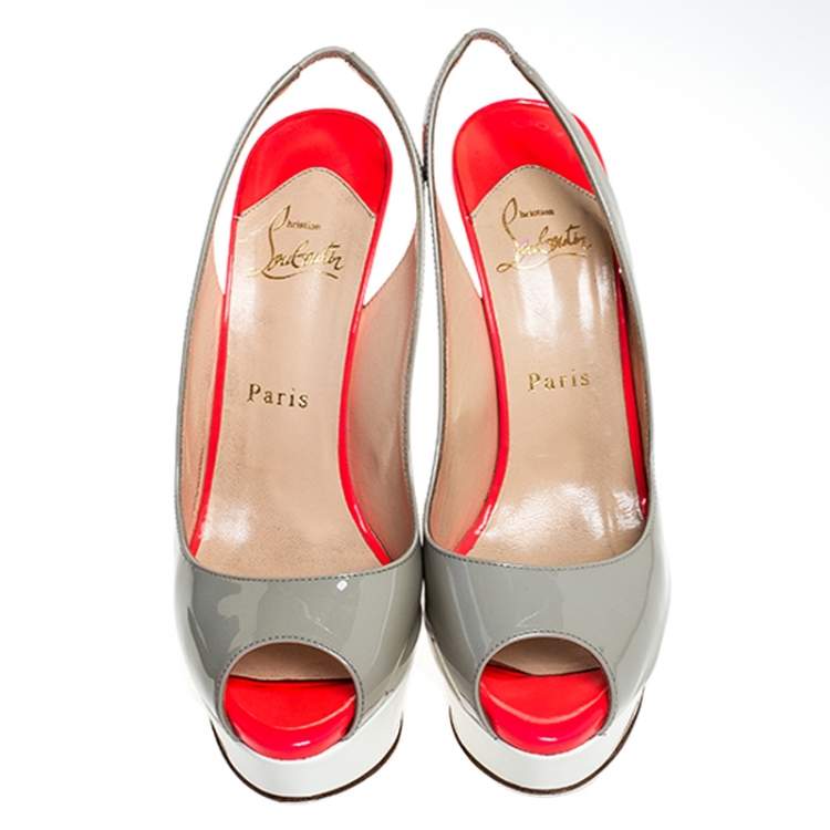 Pre Owned Christian Louboutin Tricolor Patent Leather Lady Peep Toe Platform Slingback Sandals Size 38.5