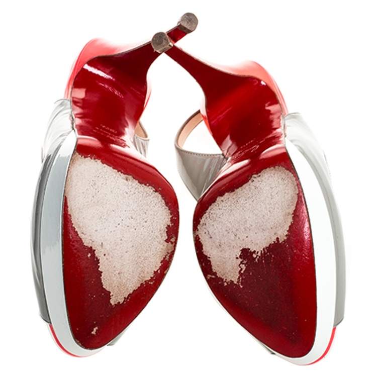 Pre Owned Christian Louboutin Tricolor Patent Leather Lady Peep Toe Platform Slingback Sandals Size 38.5