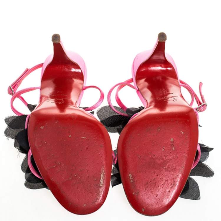 Pre Owned Christian Louboutin Pink/Black Satin Mount Street T-Strap Sandals Size 39