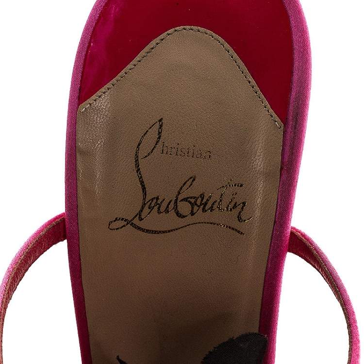 Pre Owned Christian Louboutin Pink/Black Satin Mount Street T-Strap Sandals Size 39