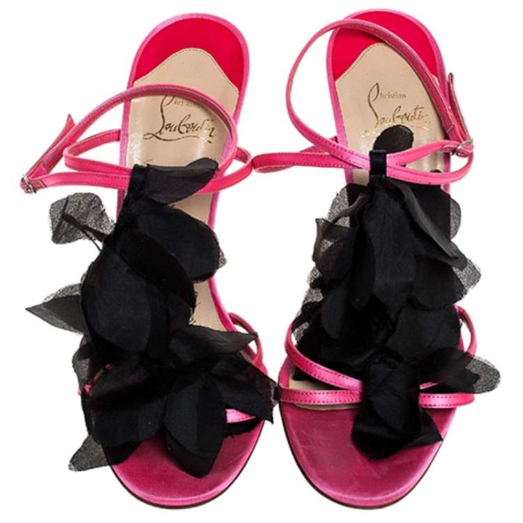 Pre Owned Christian Louboutin Pink/Black Satin Mount Street T-Strap Sandals Size 39