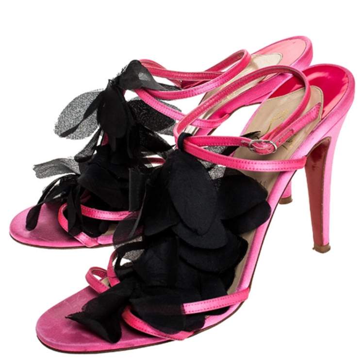 Pre Owned Christian Louboutin Pink/Black Satin Mount Street T-Strap Sandals Size 39