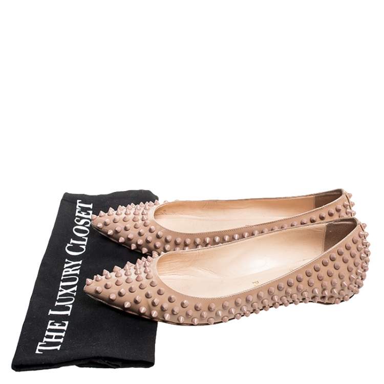 Pre Owned Christian Louboutin Beige Patent Leather Spike Pointed Toe Ballet Flats Size 38