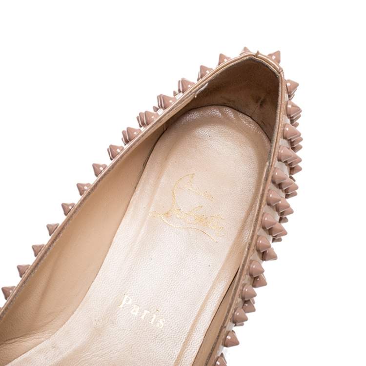 Pre Owned Christian Louboutin Beige Patent Leather Spike Pointed Toe Ballet Flats Size 38