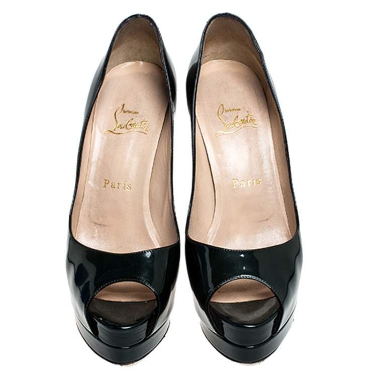 Pre Owned Christian Louboutin Sacramento Green Patent Leather Palais Royal Peep Toe Platform Pumps Size 38