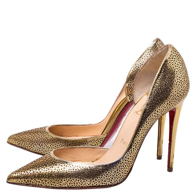 Pre Owned Christian Louboutin Metallic Light Gold Laser Cut Leather and Glitter Galu D'orsay Pointed Toe Pumps Size 37