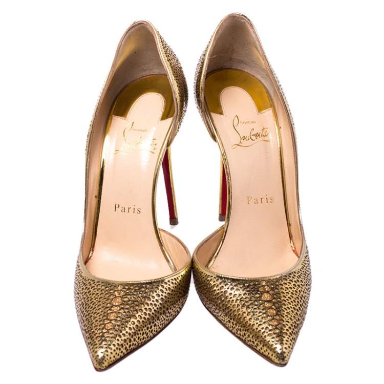 Pre Owned Christian Louboutin Metallic Light Gold Laser Cut Leather and Glitter Galu D'orsay Pointed Toe Pumps Size 37