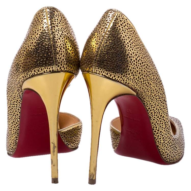 Pre Owned Christian Louboutin Metallic Light Gold Laser Cut Leather and Glitter Galu D'orsay Pointed Toe Pumps Size 37