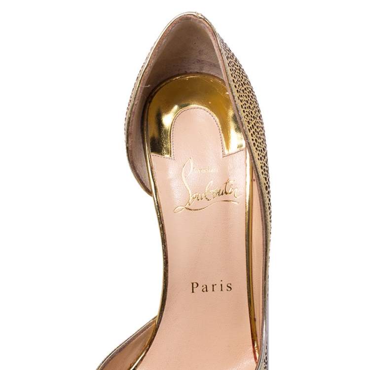 Pre Owned Christian Louboutin Metallic Light Gold Laser Cut Leather and Glitter Galu D'orsay Pointed Toe Pumps Size 37