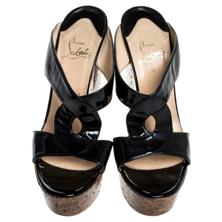 Pre Owned Christian Louboutin Black Twist Patent Leather Cork Platform Wedge Sandals Size 39.5