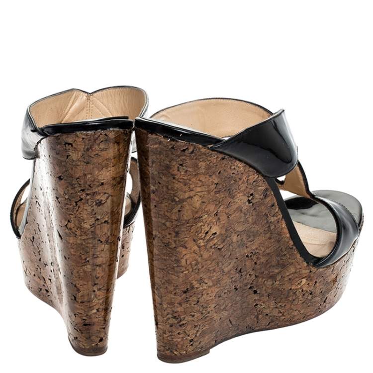 Pre Owned Christian Louboutin Black Twist Patent Leather Cork Platform Wedge Sandals Size 39.5