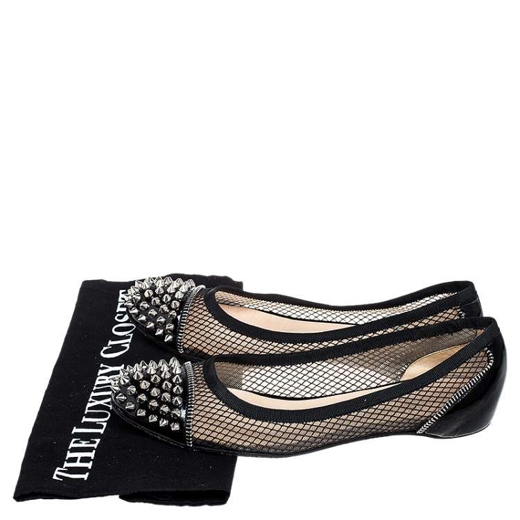 Pre Owned Christian Louboutin Black Patent Leather and Mesh Spike Ballet Flats Size 37.5