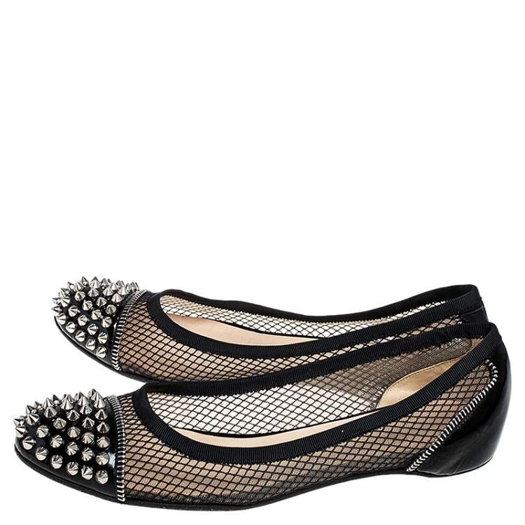 Pre Owned Christian Louboutin Black Patent Leather and Mesh Spike Ballet Flats Size 37.5