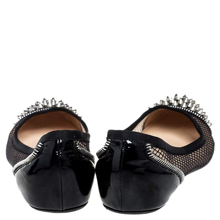 Pre Owned Christian Louboutin Black Patent Leather and Mesh Spike Ballet Flats Size 37.5