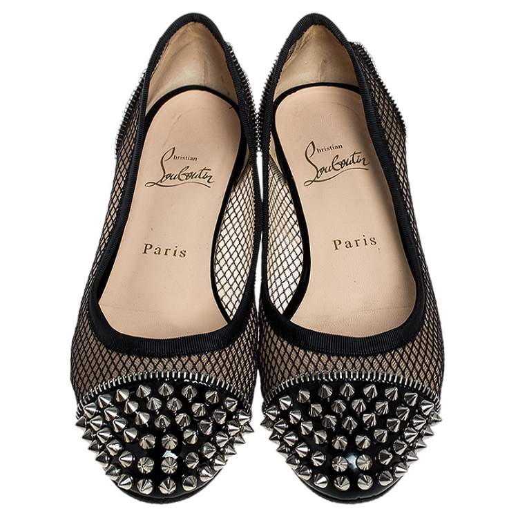 Pre Owned Christian Louboutin Black Patent Leather and Mesh Spike Ballet Flats Size 37.5