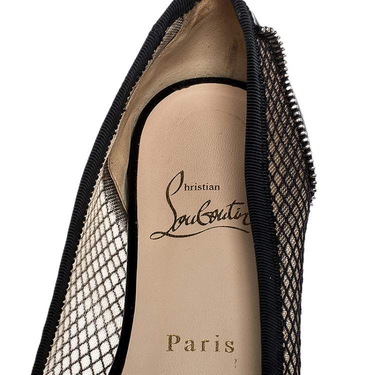 Pre Owned Christian Louboutin Black Patent Leather and Mesh Spike Ballet Flats Size 37.5