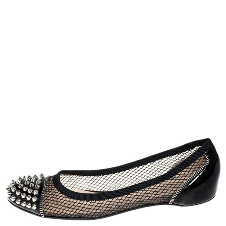 Pre Owned Christian Louboutin Black Patent Leather and Mesh Spike Ballet Flats Size 37.5