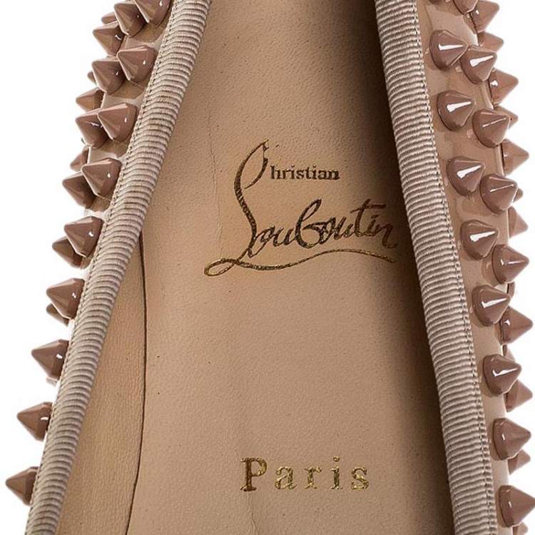 Pre Owned Christian Louboutin Beige Patent Leather Spike Pointed Toe Ballet Flats Size 39