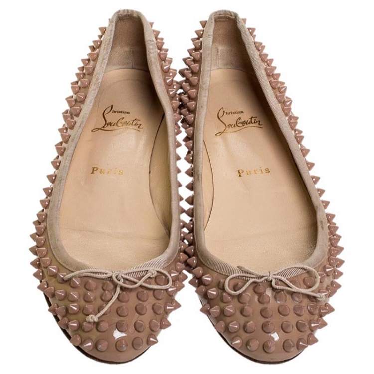Pre Owned Christian Louboutin Beige Patent Leather Spike Pointed Toe Ballet Flats Size 39