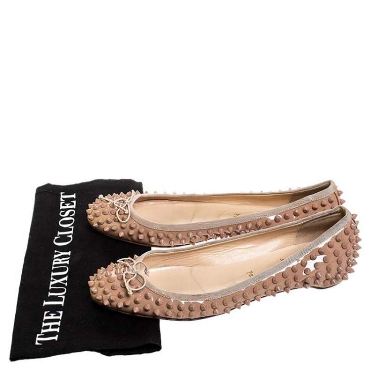 Pre Owned Christian Louboutin Beige Patent Leather Spike Pointed Toe Ballet Flats Size 39
