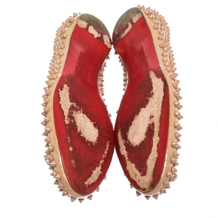 Pre Owned Christian Louboutin Beige Patent Leather Spike Pointed Toe Ballet Flats Size 39