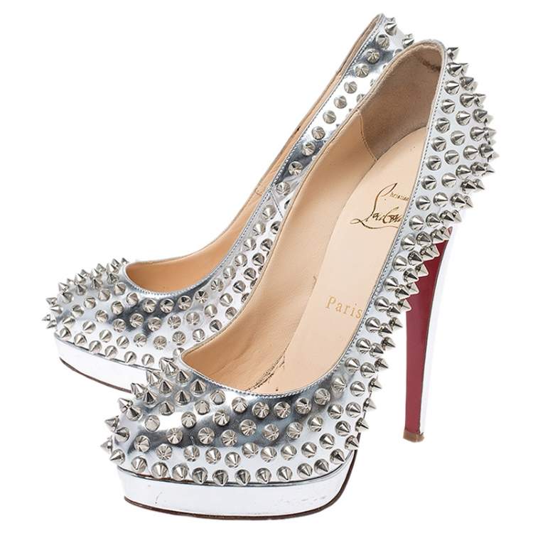 Pre Owned Christian Louboutin Metallic Silver Leather Alti Spike Platform Pumps Size 37