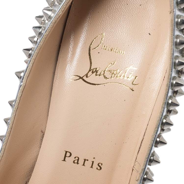 Pre Owned Christian Louboutin Metallic Silver Leather Alti Spike Platform Pumps Size 37