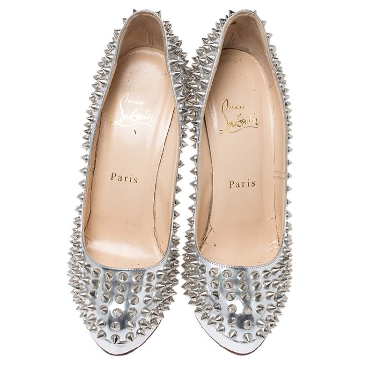 Pre Owned Christian Louboutin Metallic Silver Leather Alti Spike Platform Pumps Size 37