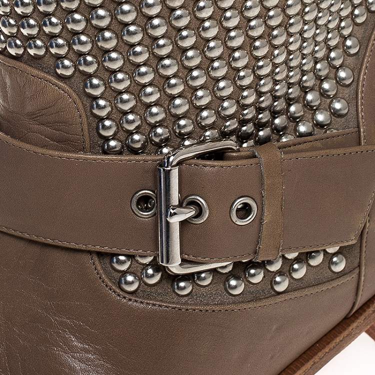 Pre Owned Christian Louboutin Beige Leather Studded Buckle Detail Mid Calf Boots Size 37