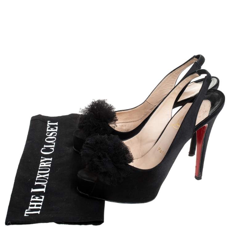Pre Owned Christian Louboutin Black Satin Private Number Peep Toe Slingback Sandals Size 39