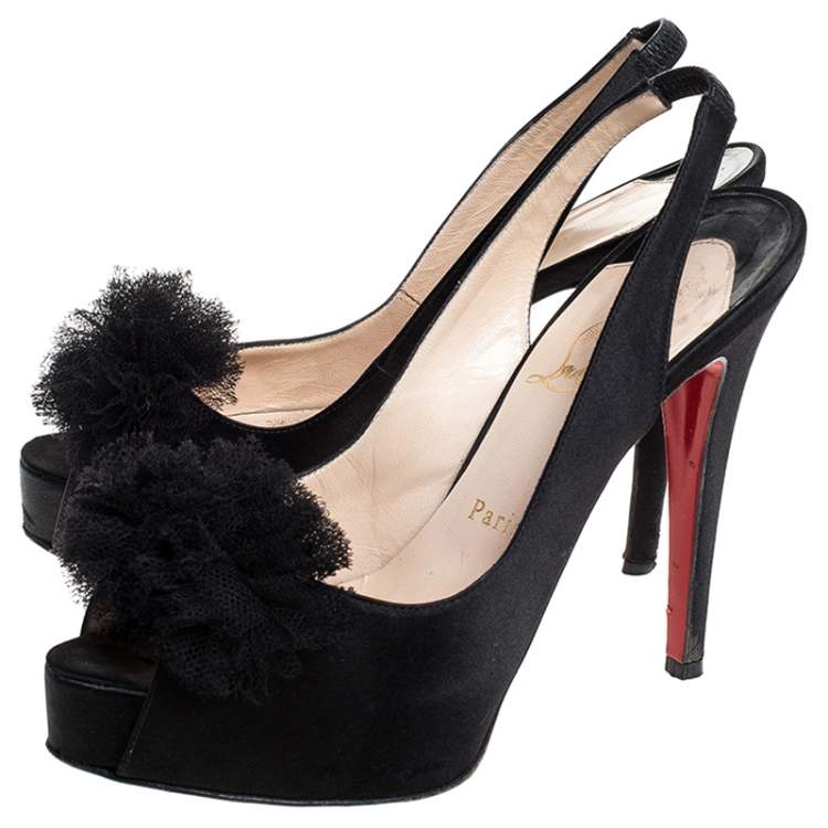 Pre Owned Christian Louboutin Black Satin Private Number Peep Toe Slingback Sandals Size 39