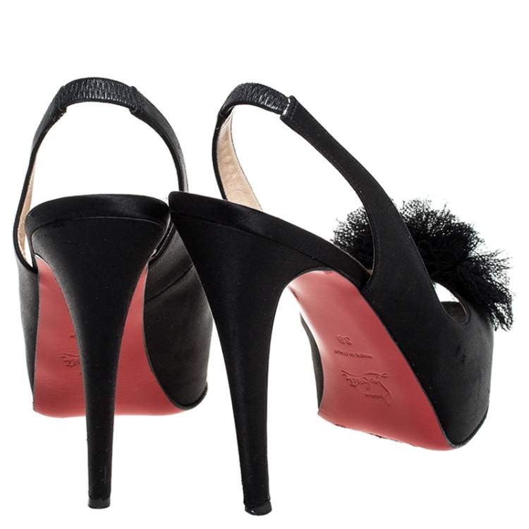 Pre Owned Christian Louboutin Black Satin Private Number Peep Toe Slingback Sandals Size 39