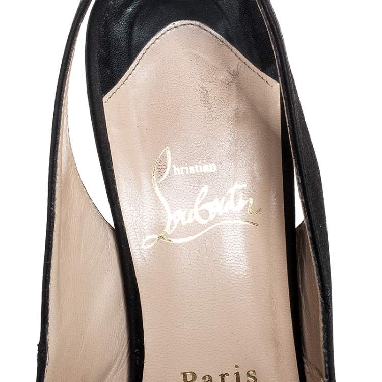 Pre Owned Christian Louboutin Black Satin Private Number Peep Toe Slingback Sandals Size 39