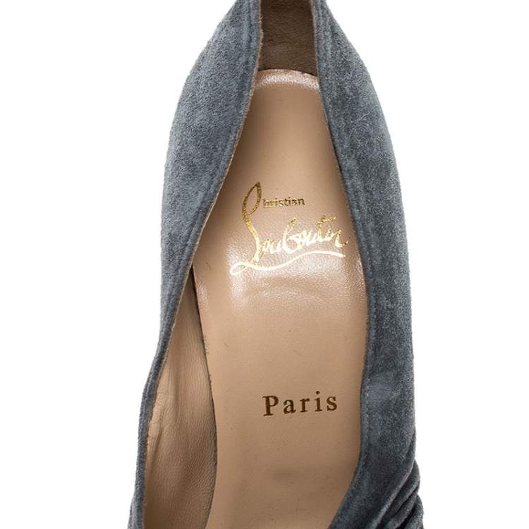 Pre Owned Christian Louboutin Grey Suede Ruched Detail Drapadita Platform Peep Toe Pumps Size 38