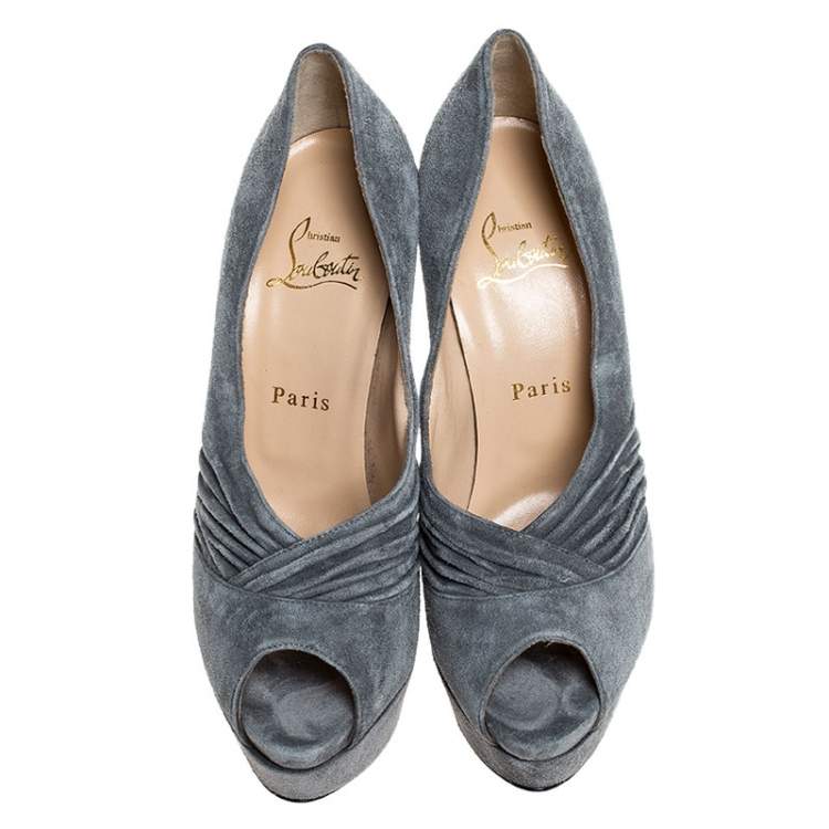 Pre Owned Christian Louboutin Grey Suede Ruched Detail Drapadita Platform Peep Toe Pumps Size 38
