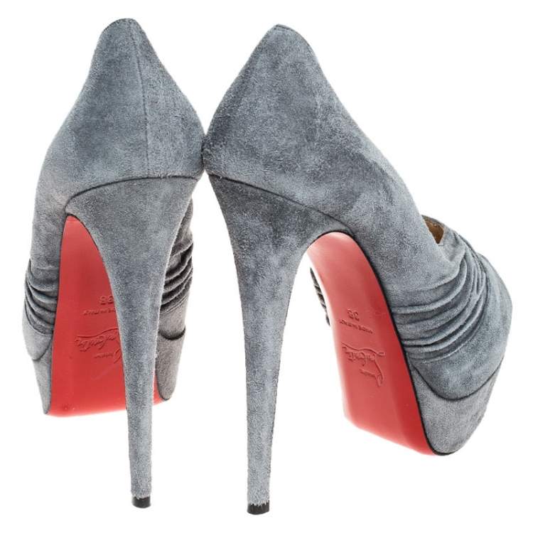 Pre Owned Christian Louboutin Grey Suede Ruched Detail Drapadita Platform Peep Toe Pumps Size 38