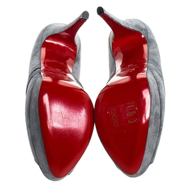 Pre Owned Christian Louboutin Grey Suede Ruched Detail Drapadita Platform Peep Toe Pumps Size 38
