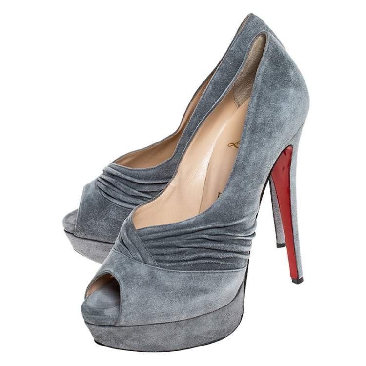 Pre Owned Christian Louboutin Grey Suede Ruched Detail Drapadita Platform Peep Toe Pumps Size 38