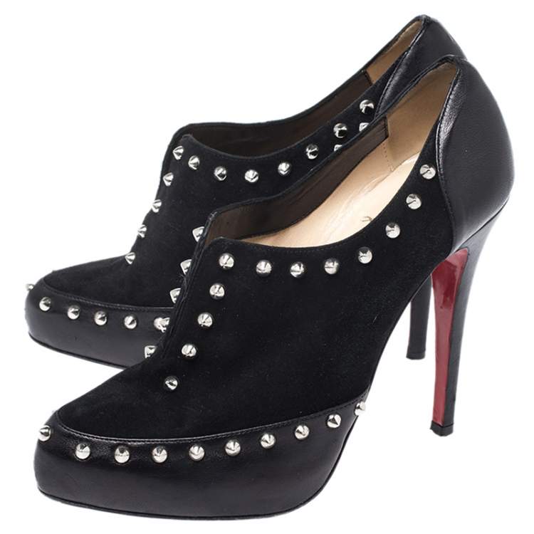Pre Owned Christian Louboutin Black Leather And Suede V Vamp Spike Studded Booties Size 38
