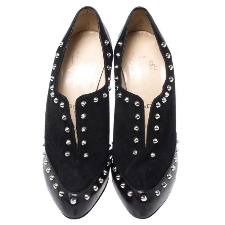 Pre Owned Christian Louboutin Black Leather And Suede V Vamp Spike Studded Booties Size 38