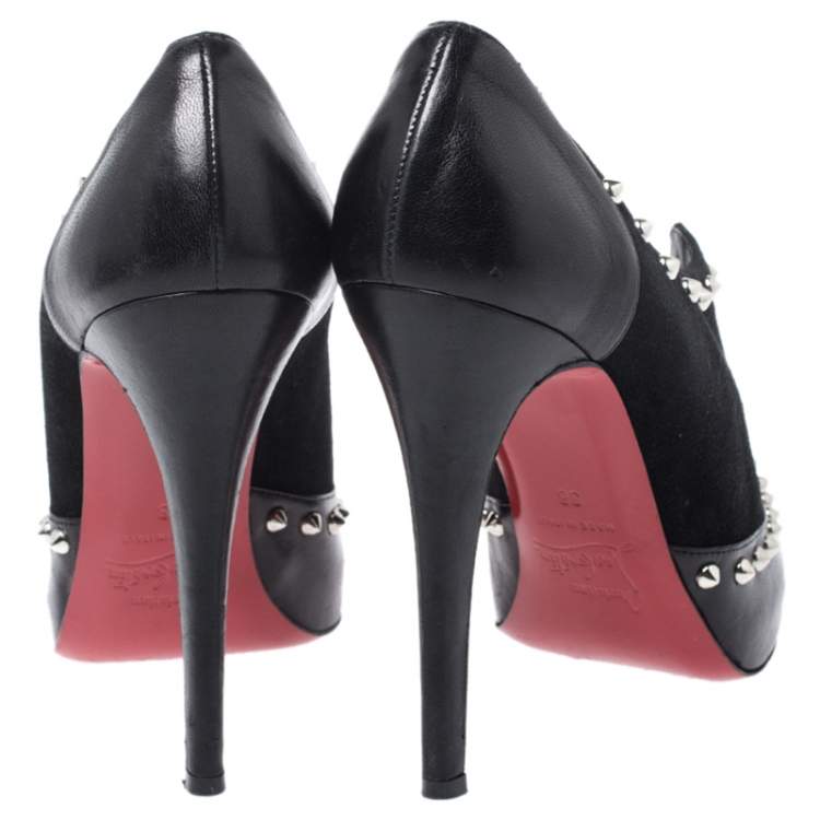 Pre Owned Christian Louboutin Black Leather And Suede V Vamp Spike Studded Booties Size 38