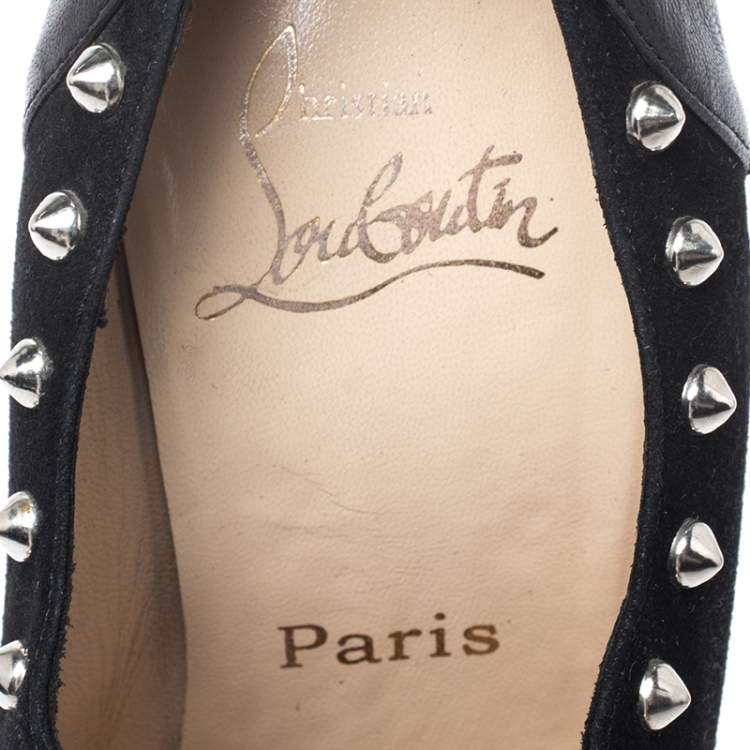 Pre Owned Christian Louboutin Black Leather And Suede V Vamp Spike Studded Booties Size 38