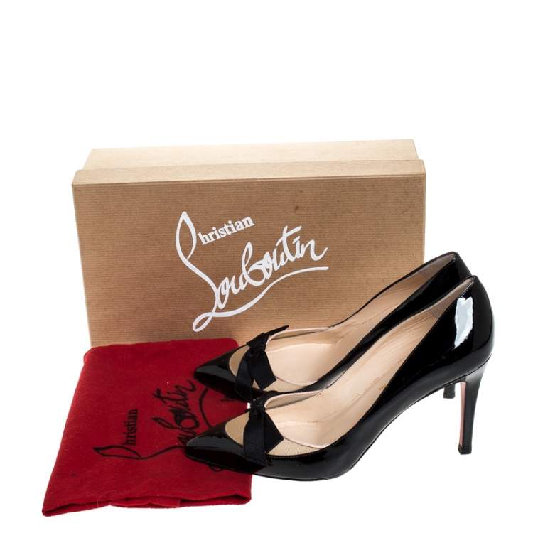 Pre Owned Christian Louboutin Black Patent Leather and Mesh Bow Pointed Toe Pumps Size 36.5