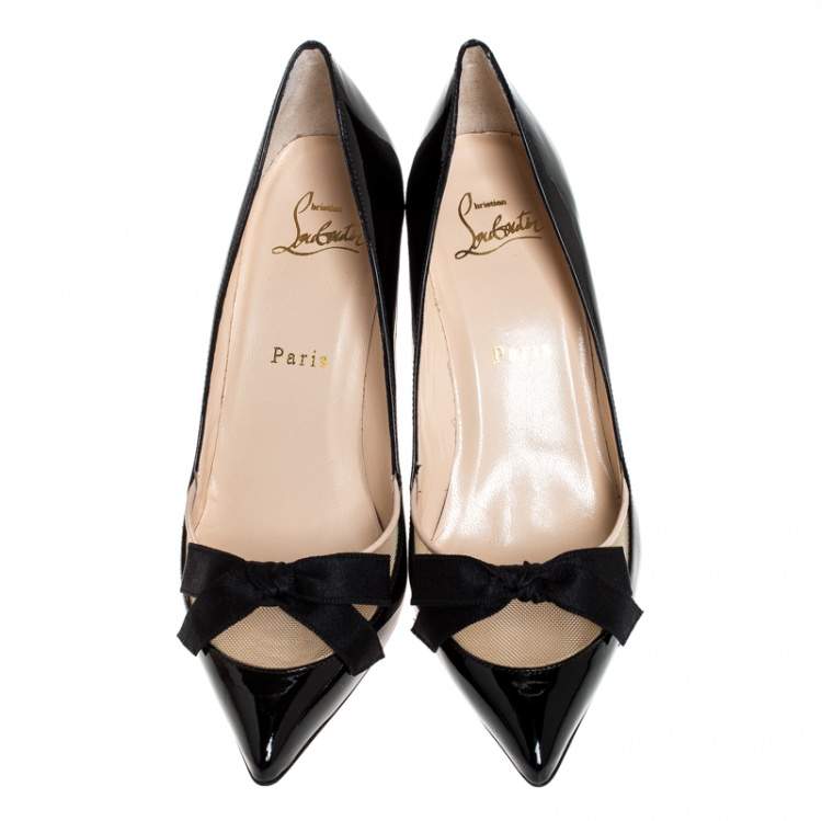 Pre Owned Christian Louboutin Black Patent Leather and Mesh Bow Pointed Toe Pumps Size 36.5