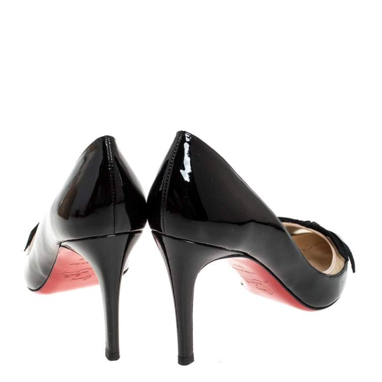 Pre Owned Christian Louboutin Black Patent Leather and Mesh Bow Pointed Toe Pumps Size 36.5