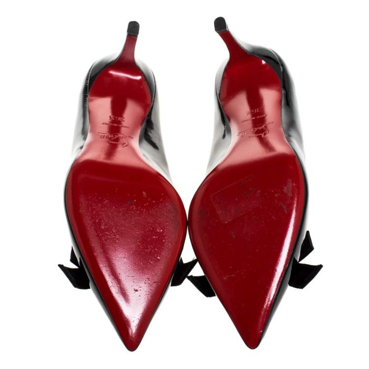 Pre Owned Christian Louboutin Black Patent Leather and Mesh Bow Pointed Toe Pumps Size 36.5