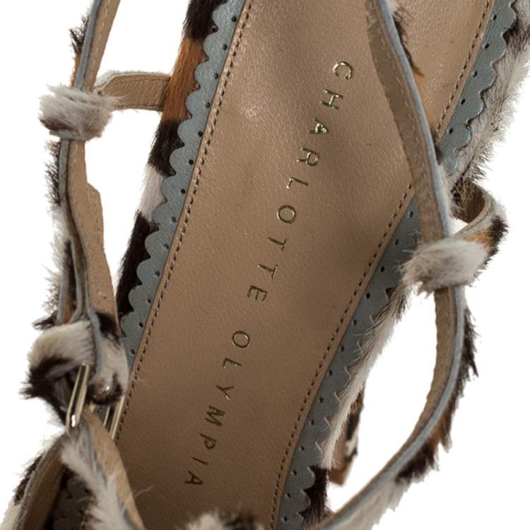 Pre Owned Charlotte Olympia Brown/White Leopard Print Calfhair and Satin Bow T-Strap Platform Sandals Size 39