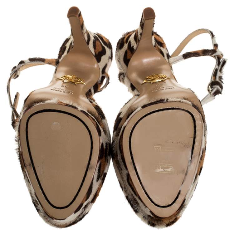 Pre Owned Charlotte Olympia Brown/White Leopard Print Calfhair and Satin Bow T-Strap Platform Sandals Size 39